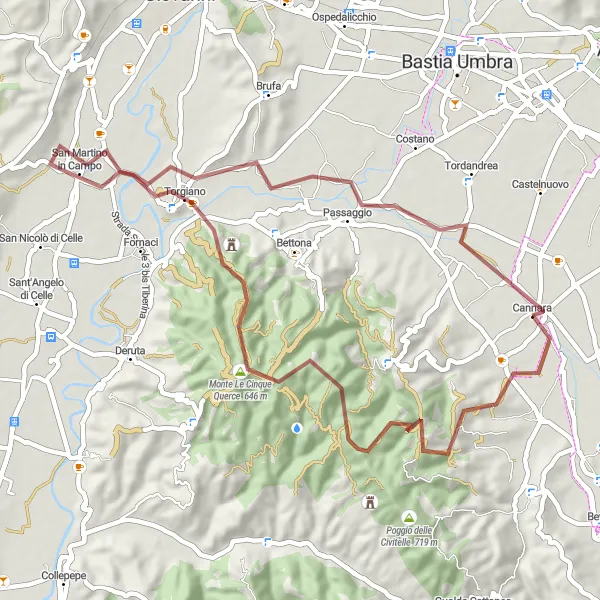 Miniatura della mappa di ispirazione al ciclismo "Monte Rosciano - Torgiano Gravel Trail" nella regione di Umbria, Italy. Generata da Tarmacs.app, pianificatore di rotte ciclistiche