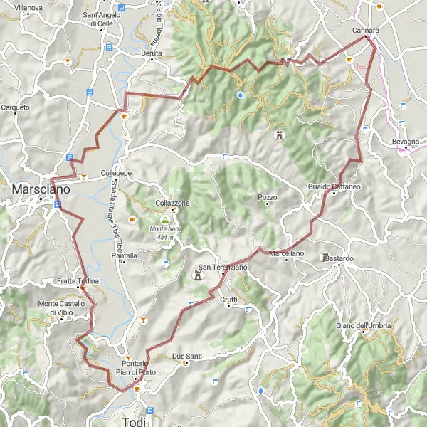 Map miniature of "Gravel Adventure near Cannara" cycling inspiration in Umbria, Italy. Generated by Tarmacs.app cycling route planner