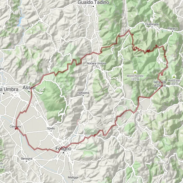 Miniatura della mappa di ispirazione al ciclismo "Cannara - Colfiorito" nella regione di Umbria, Italy. Generata da Tarmacs.app, pianificatore di rotte ciclistiche