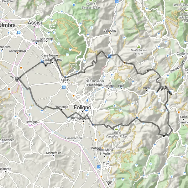 Map miniature of "Spello to Monte Santo Stefano" cycling inspiration in Umbria, Italy. Generated by Tarmacs.app cycling route planner