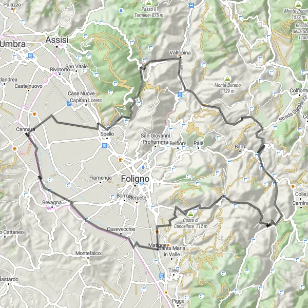 Map miniature of "Scenic Loop from Spello to Cannara" cycling inspiration in Umbria, Italy. Generated by Tarmacs.app cycling route planner