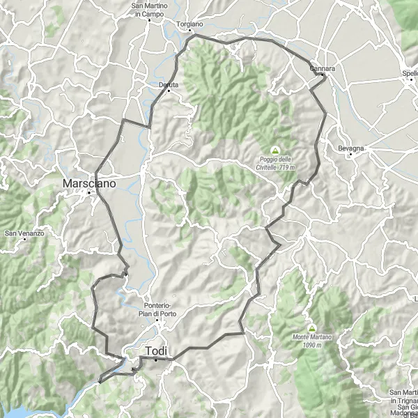 Miniatura della mappa di ispirazione al ciclismo "Cannara - Monte Castello di Vibio Road Cycling" nella regione di Umbria, Italy. Generata da Tarmacs.app, pianificatore di rotte ciclistiche