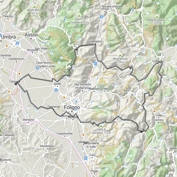 Miniatura della mappa di ispirazione al ciclismo "Da Spello a Monte Santo Stefano in Bici da Strada" nella regione di Umbria, Italy. Generata da Tarmacs.app, pianificatore di rotte ciclistiche