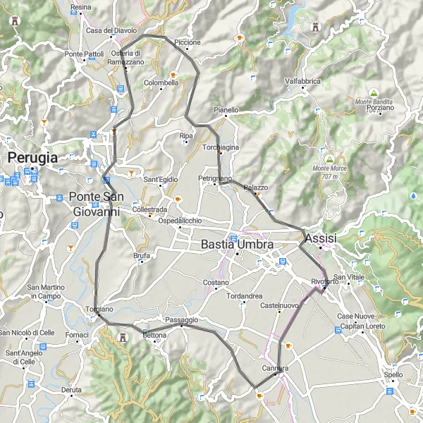 Miniatura della mappa di ispirazione al ciclismo "Da Cannara a Bettona e Assisi" nella regione di Umbria, Italy. Generata da Tarmacs.app, pianificatore di rotte ciclistiche