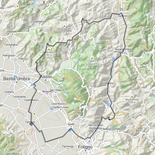 Miniatura della mappa di ispirazione al ciclismo "Cannara - Monte delle Croci" nella regione di Umbria, Italy. Generata da Tarmacs.app, pianificatore di rotte ciclistiche