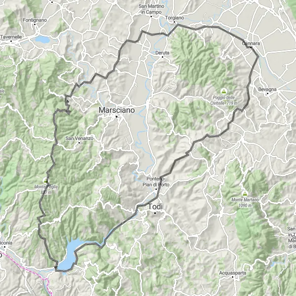 Map miniature of "Cannara to Monte Peglia and Back" cycling inspiration in Umbria, Italy. Generated by Tarmacs.app cycling route planner