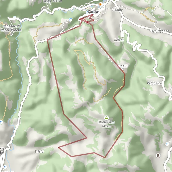 Miniatura della mappa di ispirazione al ciclismo "Giro in bicicletta da Cascia a Monte Pizzo" nella regione di Umbria, Italy. Generata da Tarmacs.app, pianificatore di rotte ciclistiche