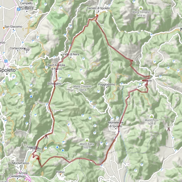 Miniatura della mappa di ispirazione al ciclismo "Giro delle Vallate Umbre" nella regione di Umbria, Italy. Generata da Tarmacs.app, pianificatore di rotte ciclistiche
