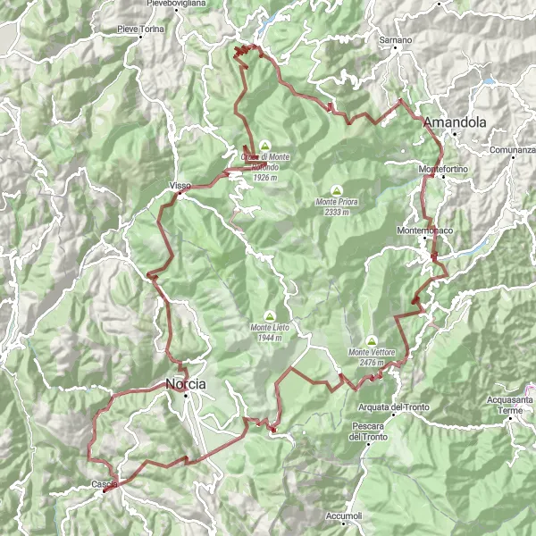 Miniatura della mappa di ispirazione al ciclismo "Esplorando i Monti Valnerina" nella regione di Umbria, Italy. Generata da Tarmacs.app, pianificatore di rotte ciclistiche