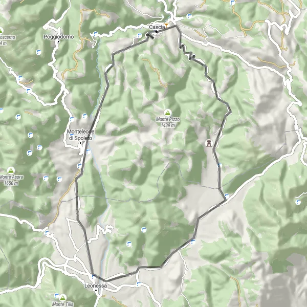 Miniatura della mappa di ispirazione al ciclismo "Giro in bicicletta da Cascia a Leonessa" nella regione di Umbria, Italy. Generata da Tarmacs.app, pianificatore di rotte ciclistiche