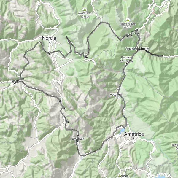 Miniatura della mappa di ispirazione al ciclismo "Giro in bici da Cascia a Castelluccio e Arquata del Tronto" nella regione di Umbria, Italy. Generata da Tarmacs.app, pianificatore di rotte ciclistiche