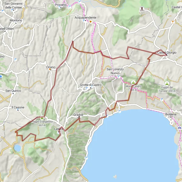 Miniatura della mappa di ispirazione al ciclismo "Esplorazione in gravel tra Castel Giorgio e Orvieto" nella regione di Umbria, Italy. Generata da Tarmacs.app, pianificatore di rotte ciclistiche