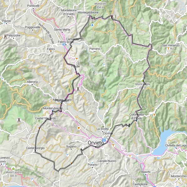 Miniatura della mappa di ispirazione al ciclismo "Avventura in bicicletta tra le colline umbre e toscane" nella regione di Umbria, Italy. Generata da Tarmacs.app, pianificatore di rotte ciclistiche