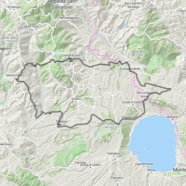 Miniatura della mappa di ispirazione al ciclismo "Giro delle Vie Cave e del Tufo" nella regione di Umbria, Italy. Generata da Tarmacs.app, pianificatore di rotte ciclistiche