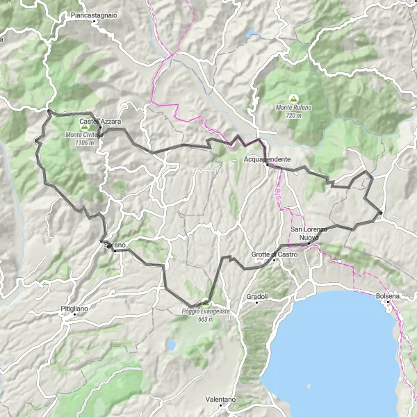 Miniatura della mappa di ispirazione al ciclismo "Trasferta tra Il Lago di Bolsena e il Monte Amiata" nella regione di Umbria, Italy. Generata da Tarmacs.app, pianificatore di rotte ciclistiche