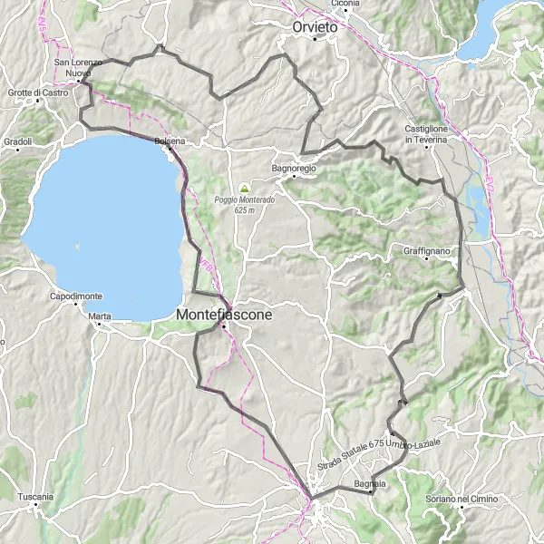 Miniatura della mappa di ispirazione al ciclismo "Giro in bici tra Castel Giorgio e Bolsena" nella regione di Umbria, Italy. Generata da Tarmacs.app, pianificatore di rotte ciclistiche