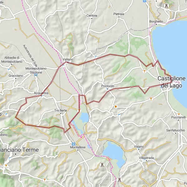 Miniatura della mappa di ispirazione al ciclismo "Percorso in mountain bike da Castiglione del Lago a Petrignano" nella regione di Umbria, Italy. Generata da Tarmacs.app, pianificatore di rotte ciclistiche