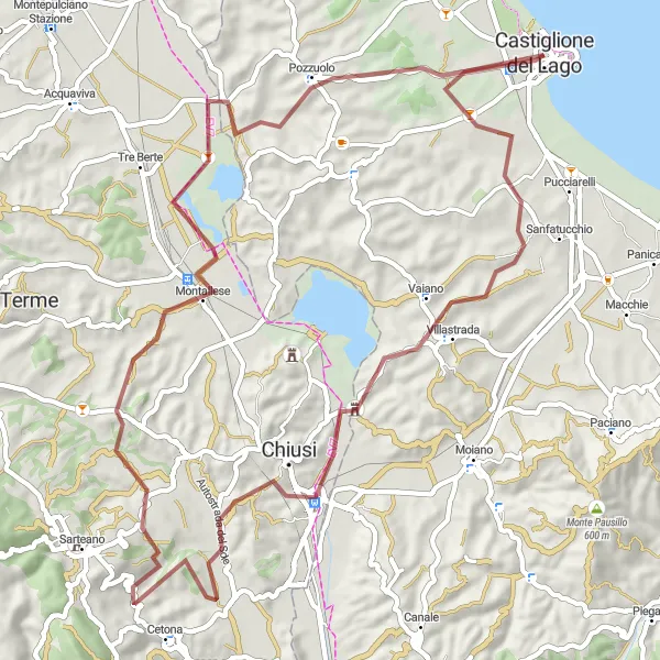 Miniatura della mappa di ispirazione al ciclismo "Tragitto ciclabile da Castiglione del Lago a Chiusi e ritorno" nella regione di Umbria, Italy. Generata da Tarmacs.app, pianificatore di rotte ciclistiche