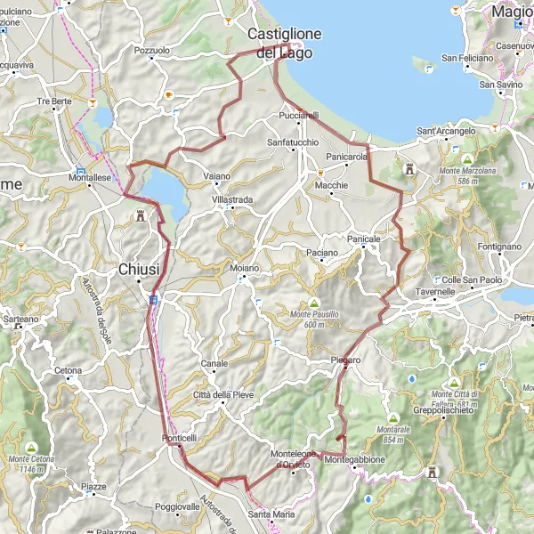 Miniatura della mappa di ispirazione al ciclismo "Tour in bicicletta tra Castiglione del Lago e Monteleone d'Orvieto" nella regione di Umbria, Italy. Generata da Tarmacs.app, pianificatore di rotte ciclistiche