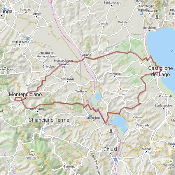 Miniatura della mappa di ispirazione al ciclismo "Esplorazione in mountain bike tra Montepulciano e Sant'Albino" nella regione di Umbria, Italy. Generata da Tarmacs.app, pianificatore di rotte ciclistiche