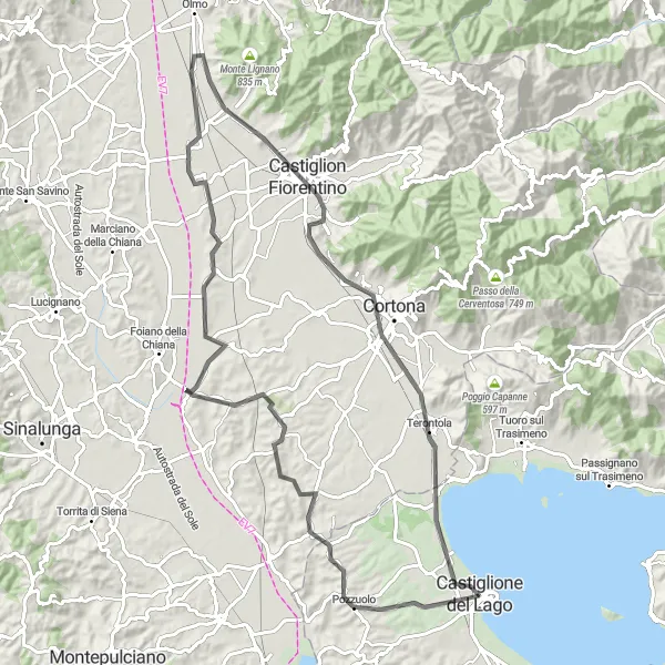 Miniatura della mappa di ispirazione al ciclismo "Giro in bicicletta tra Castiglione del Lago e Camucia" nella regione di Umbria, Italy. Generata da Tarmacs.app, pianificatore di rotte ciclistiche