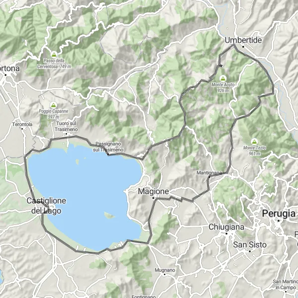 Map miniature of "Road Cycling around Lake Trasimeno" cycling inspiration in Umbria, Italy. Generated by Tarmacs.app cycling route planner