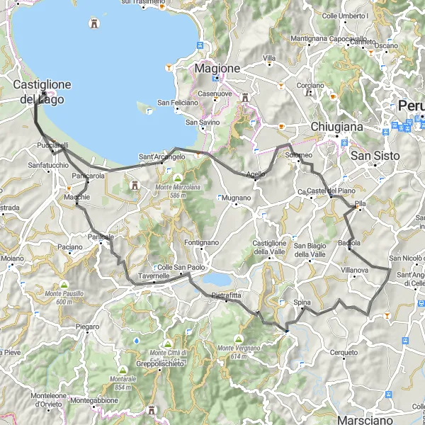 Miniatura della mappa di ispirazione al ciclismo "Giro in bicicletta Castiglione del Lago" nella regione di Umbria, Italy. Generata da Tarmacs.app, pianificatore di rotte ciclistiche