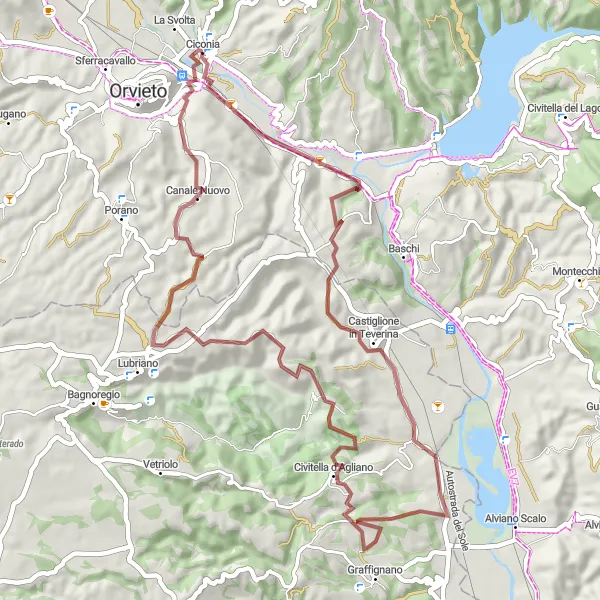 Miniatuurkaart van de fietsinspiratie "Gravelroute vanuit Ciconia naar Orvieto Scalo" in Umbria, Italy. Gemaakt door de Tarmacs.app fietsrouteplanner