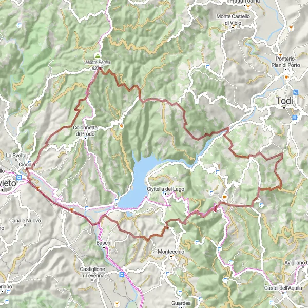 Map miniature of "Monte Bello Gravel Adventure" cycling inspiration in Umbria, Italy. Generated by Tarmacs.app cycling route planner