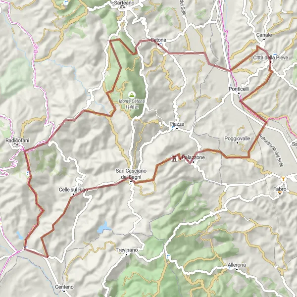 Miniatura della mappa di ispirazione al ciclismo "Avventura tra Palazzone e Canale" nella regione di Umbria, Italy. Generata da Tarmacs.app, pianificatore di rotte ciclistiche