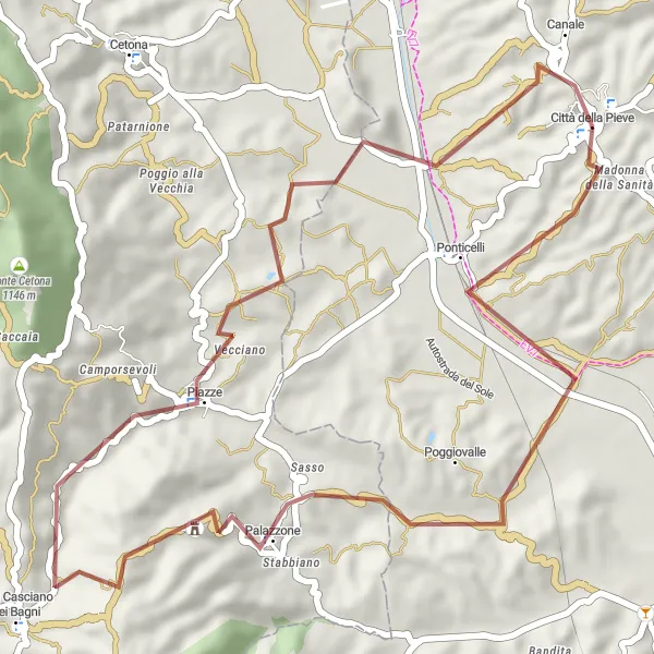 Map miniature of "Umbria Gravel Escape" cycling inspiration in Umbria, Italy. Generated by Tarmacs.app cycling route planner
