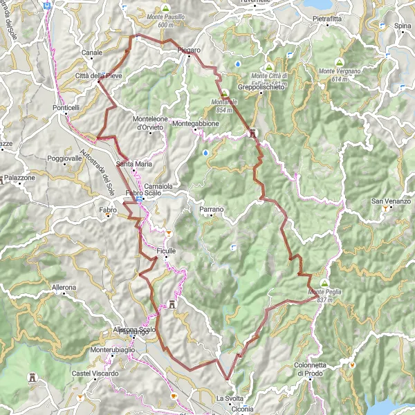 Miniatura della mappa di ispirazione al ciclismo "Esplorazione di Piegaro e Montarale" nella regione di Umbria, Italy. Generata da Tarmacs.app, pianificatore di rotte ciclistiche