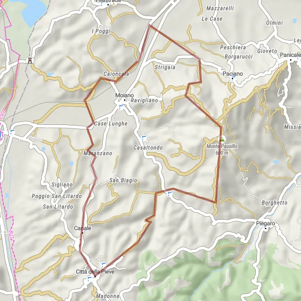 Miniatura della mappa di ispirazione al ciclismo "Bike tour da Città della Pieve al Monte Pausillo" nella regione di Umbria, Italy. Generata da Tarmacs.app, pianificatore di rotte ciclistiche