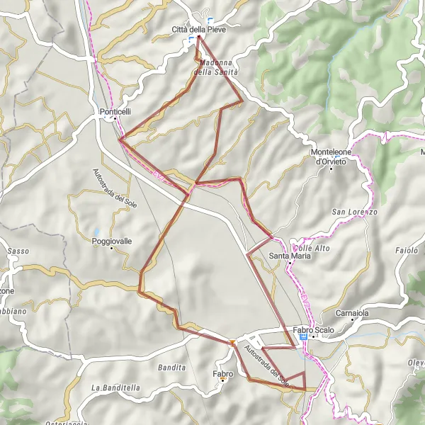 Miniatura della mappa di ispirazione al ciclismo "Esplorazione di Salci e Madonna della Sanità" nella regione di Umbria, Italy. Generata da Tarmacs.app, pianificatore di rotte ciclistiche