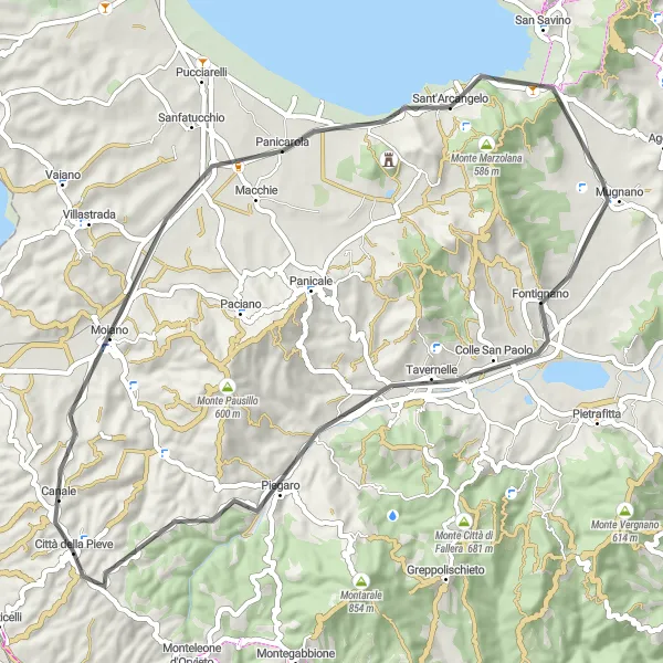 Miniatura della mappa di ispirazione al ciclismo "Giro in bicicletta da Città della Pieve a Moiano" nella regione di Umbria, Italy. Generata da Tarmacs.app, pianificatore di rotte ciclistiche