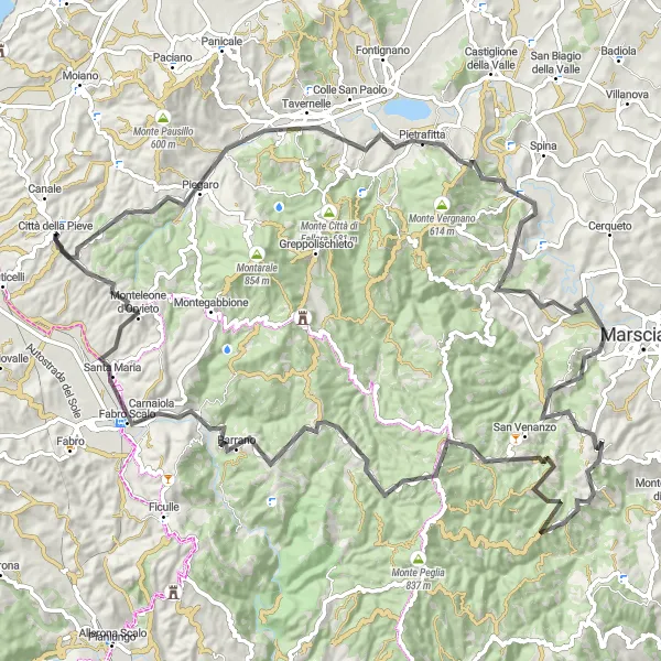 Miniatura della mappa di ispirazione al ciclismo "Giro in bicicletta sfidante a Città della Pieve e dintorni" nella regione di Umbria, Italy. Generata da Tarmacs.app, pianificatore di rotte ciclistiche