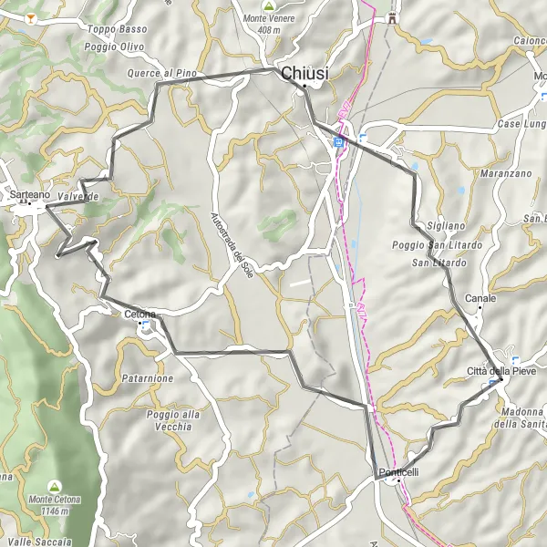 Miniatura della mappa di ispirazione al ciclismo "Panoramica su Cetona e San Litardo" nella regione di Umbria, Italy. Generata da Tarmacs.app, pianificatore di rotte ciclistiche