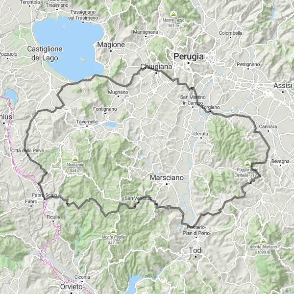 Miniatura della mappa di ispirazione al ciclismo "Avventura epica da Paciano a Parrano" nella regione di Umbria, Italy. Generata da Tarmacs.app, pianificatore di rotte ciclistiche