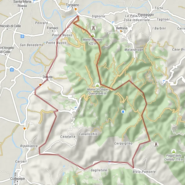 Miniatura della mappa di ispirazione al ciclismo "Gravel tra Torgiano e Deruta" nella regione di Umbria, Italy. Generata da Tarmacs.app, pianificatore di rotte ciclistiche