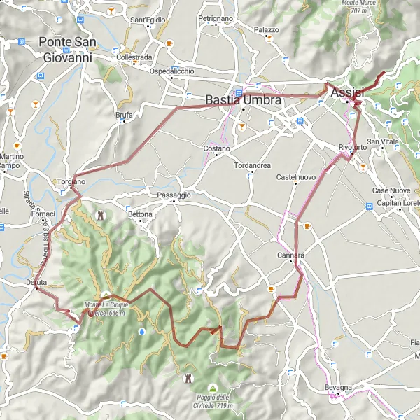 Map miniature of "Assisi Gravel Challenge" cycling inspiration in Umbria, Italy. Generated by Tarmacs.app cycling route planner