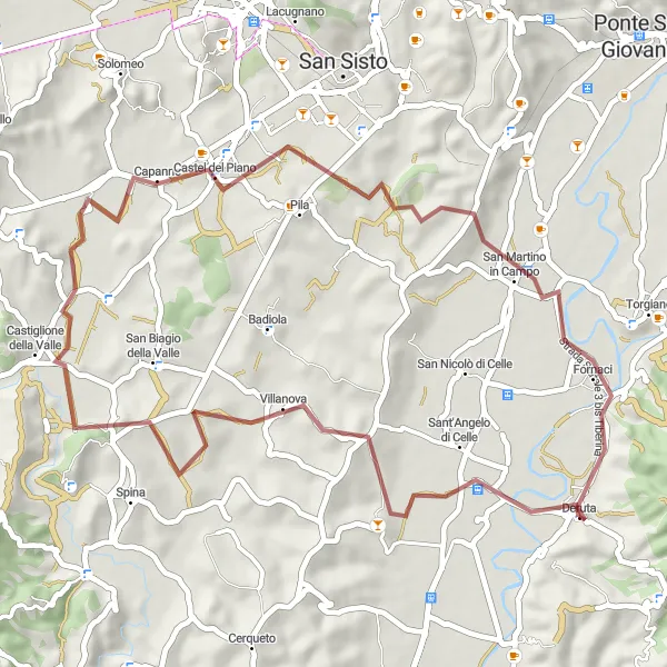 Miniatura della mappa di ispirazione al ciclismo "Esplorazione in Gravel a Villanova" nella regione di Umbria, Italy. Generata da Tarmacs.app, pianificatore di rotte ciclistiche