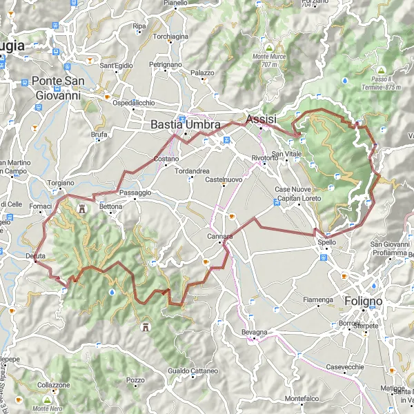 Miniatura della mappa di ispirazione al ciclismo "Avventura Gravel da Assisi a Monte Cinque Querce" nella regione di Umbria, Italy. Generata da Tarmacs.app, pianificatore di rotte ciclistiche