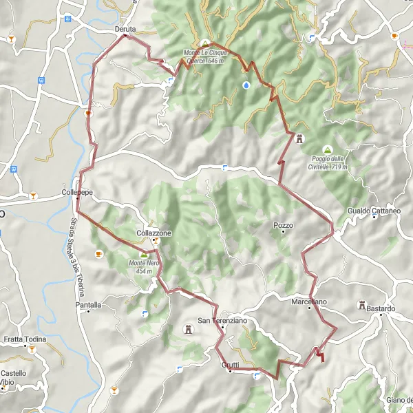 Map miniature of "The Gravel Loop" cycling inspiration in Umbria, Italy. Generated by Tarmacs.app cycling route planner