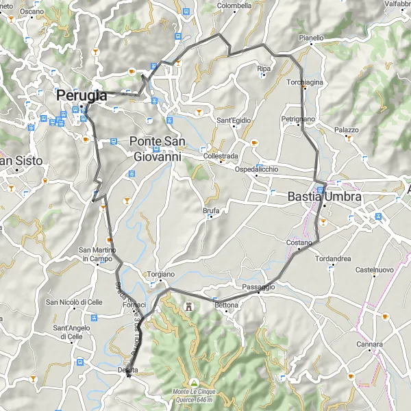 Miniatura della mappa di ispirazione al ciclismo "Giro in bicicletta intorno a Deruta" nella regione di Umbria, Italy. Generata da Tarmacs.app, pianificatore di rotte ciclistiche