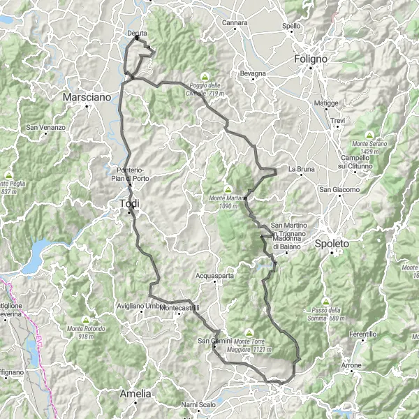 Miniatura della mappa di ispirazione al ciclismo "Tour collinare al Parco Naturale Regionale del Monte Tezio" nella regione di Umbria, Italy. Generata da Tarmacs.app, pianificatore di rotte ciclistiche