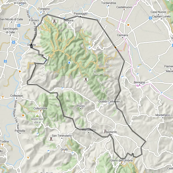 Map miniature of "The Umbrian Countryside" cycling inspiration in Umbria, Italy. Generated by Tarmacs.app cycling route planner