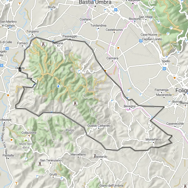 Miniatura della mappa di ispirazione al ciclismo "La Rotta dei Borghi Umbri" nella regione di Umbria, Italy. Generata da Tarmacs.app, pianificatore di rotte ciclistiche