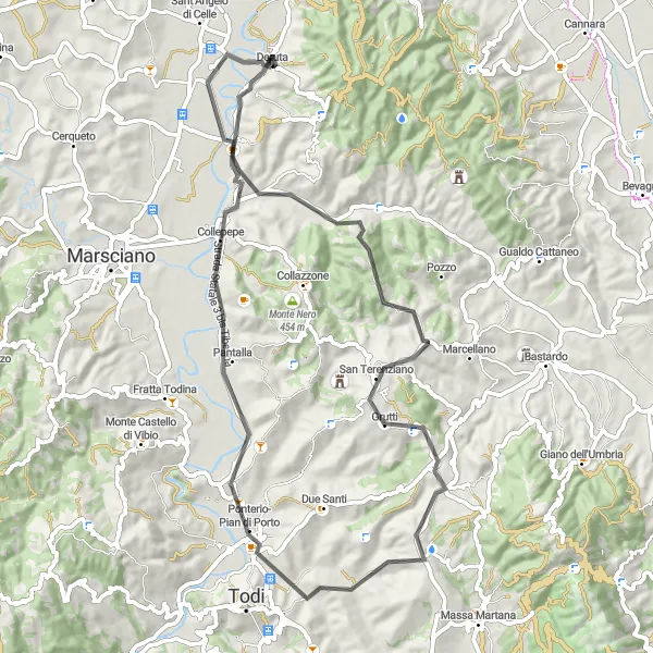 Miniatura della mappa di ispirazione al ciclismo "Giro tra Borghi Medievali" nella regione di Umbria, Italy. Generata da Tarmacs.app, pianificatore di rotte ciclistiche