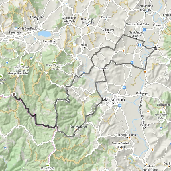 Miniatura della mappa di ispirazione al ciclismo "Giro delle Colline Umbre" nella regione di Umbria, Italy. Generata da Tarmacs.app, pianificatore di rotte ciclistiche