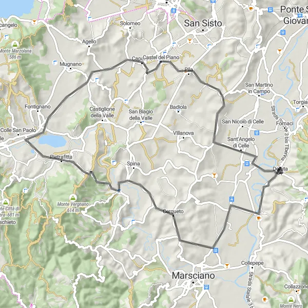 Miniatura della mappa di ispirazione al ciclismo "Tour ciclistico tra vigneti e colline in Umbria" nella regione di Umbria, Italy. Generata da Tarmacs.app, pianificatore di rotte ciclistiche